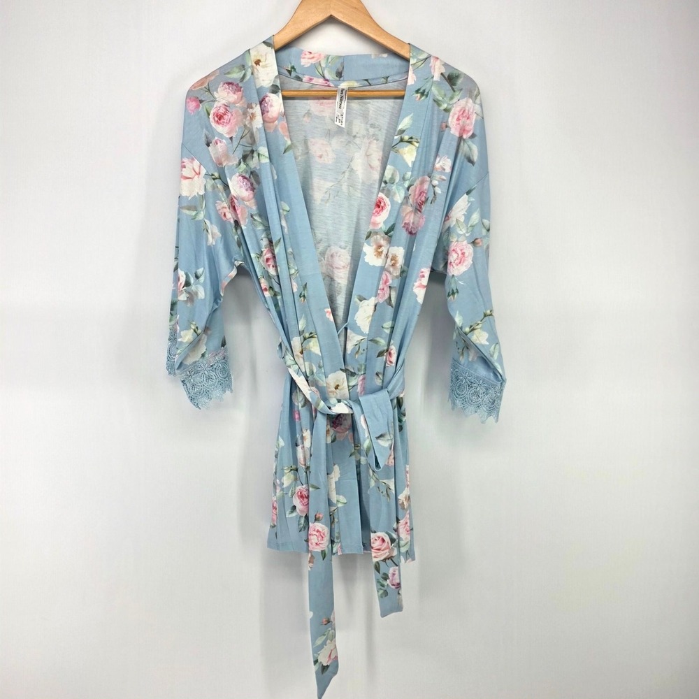 Flora Nikrooz Light Blue Floral Lace-Trim Robe